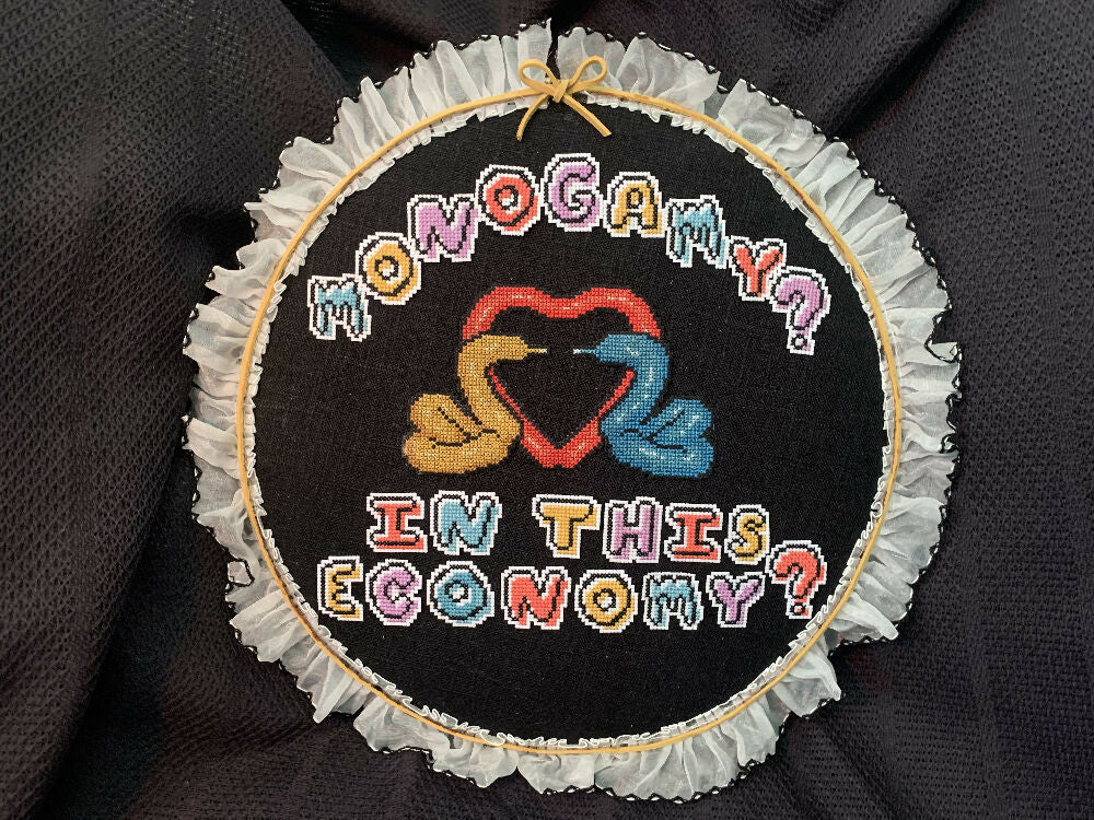 Handmade Cross Stitch Embroidery -Polyamorous Cope- Modern Subversive Art