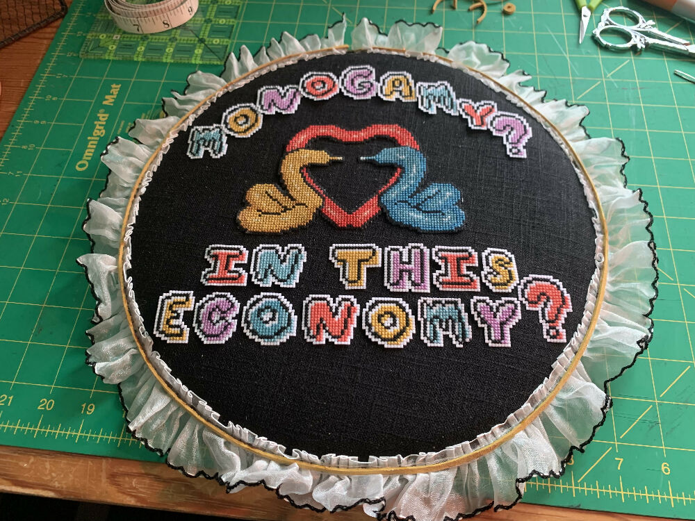 Handmade Cross Stitch Embroidery -Polyamorous Cope- Modern Subversive Art